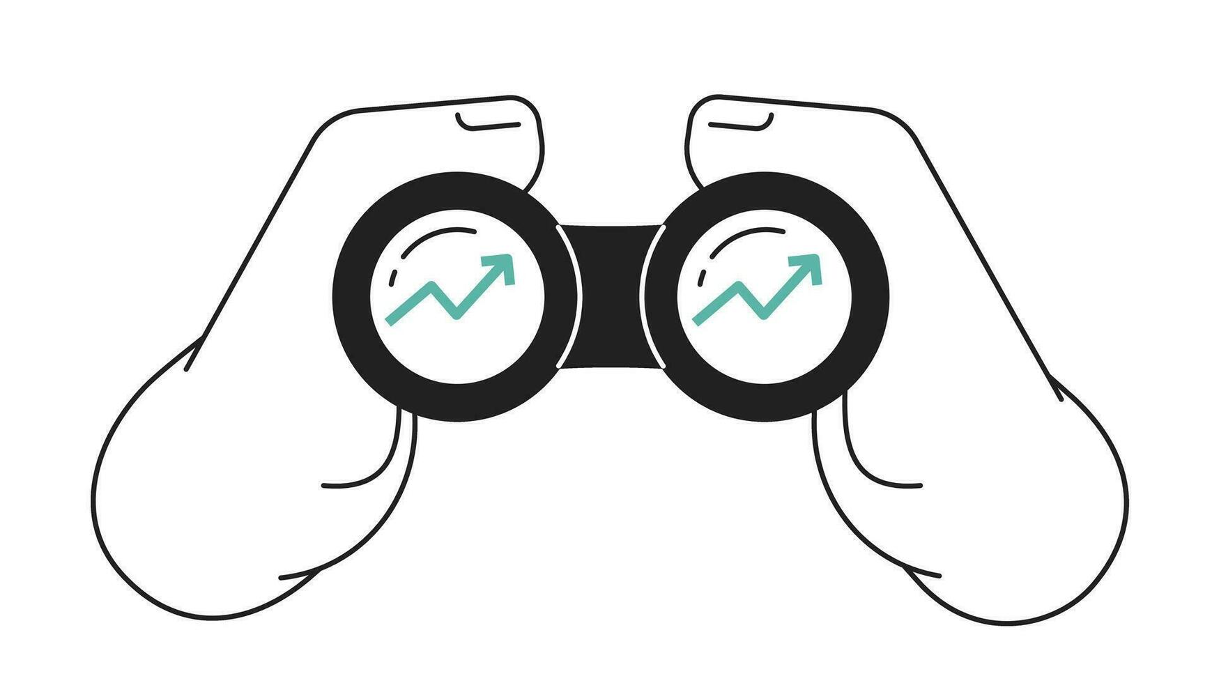 Looking on diagram through binoculars monochrome flat vector object. Hand hold binoculars. Editable black and white thin line icon. Simple cartoon clip art spot illustration for web graphic design