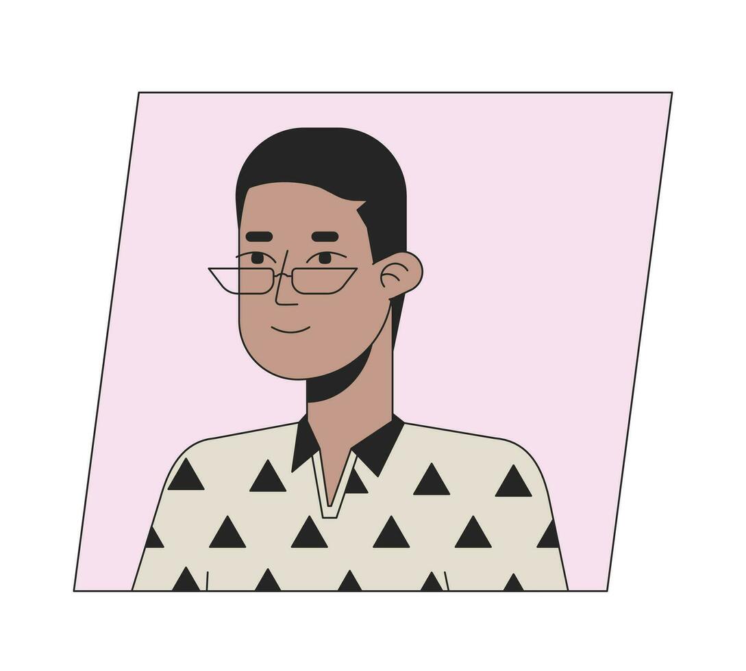 Calm african american boy in glasses flat color cartoon avatar icon. Editable 2D user portrait linear illustration. Isolated vector face profile clipart. Userpic, person head and shoulders
