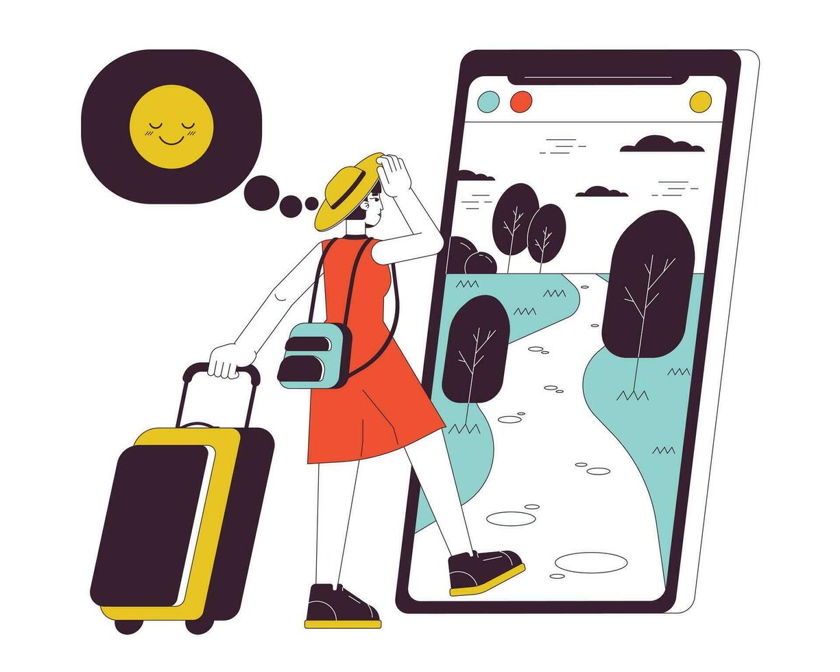 Travel influencer going on vacation flat line concept vector spot illustration. Travel blogger woman 2D cartoon outline character on white for web UI design. Editable isolated colorful hero image