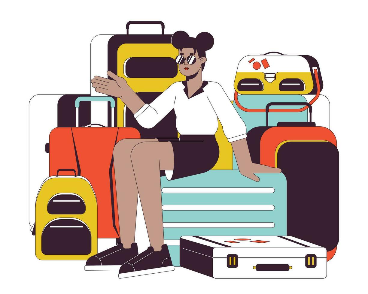 Suitcase pile girl flat line vector spot illustration. Sunglasses cool woman sitting on luggage bags 2D cartoon outline character on white for web UI design. Editable isolated colorful hero image