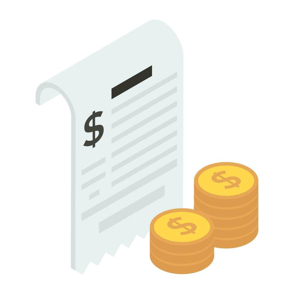 Paper with dollar coins, invoice concept isometric icon vector