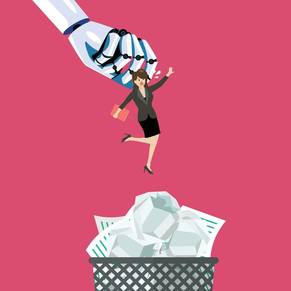Robot throwing business woman in a trash can vector