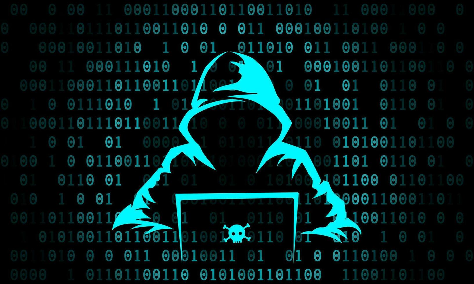 A mysterious and dangerous hacker with binary code background. Vector Illustration.