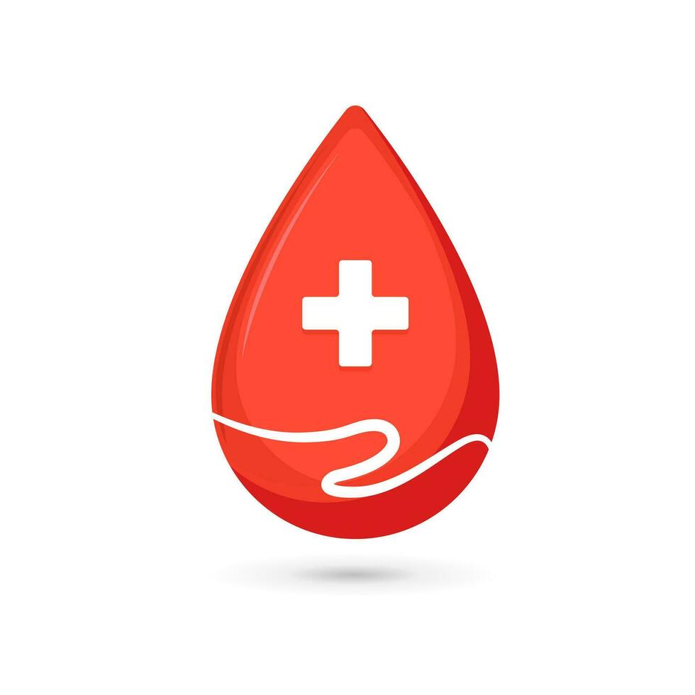 Blood drop with a cross sign and hand. Blood donation concept. Blood donation logo. Vector illustration.