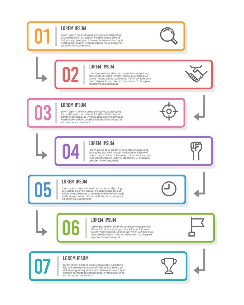 Infographic labels design template. Timeline with 7 steps to success. Business presentation. Vector illustration.