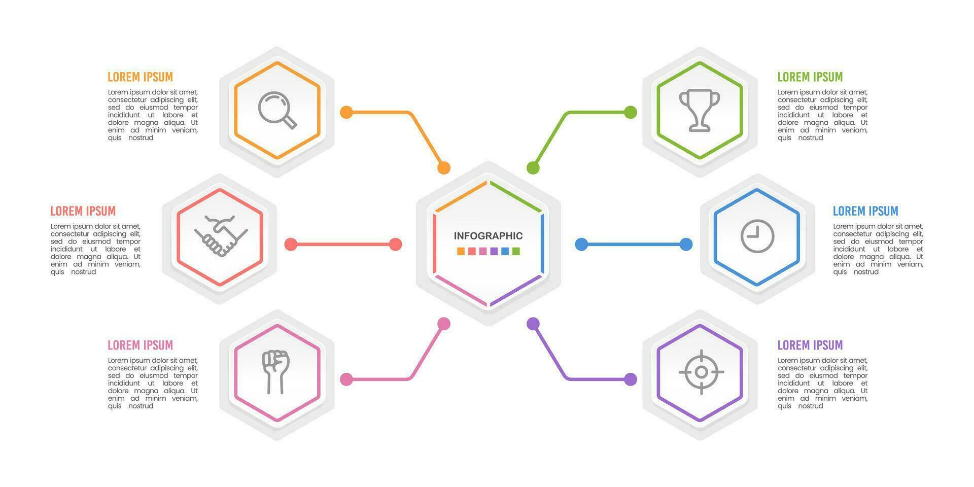 Infographic diagram 6 options or steps. Mind Map, Process, Template, Organization. Vector illustration.