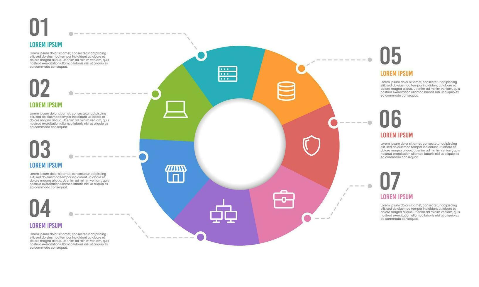 Pie chart infographic design template with 7 options for presentations advertising, layouts, annual reports, and marketing. Vector illustration.