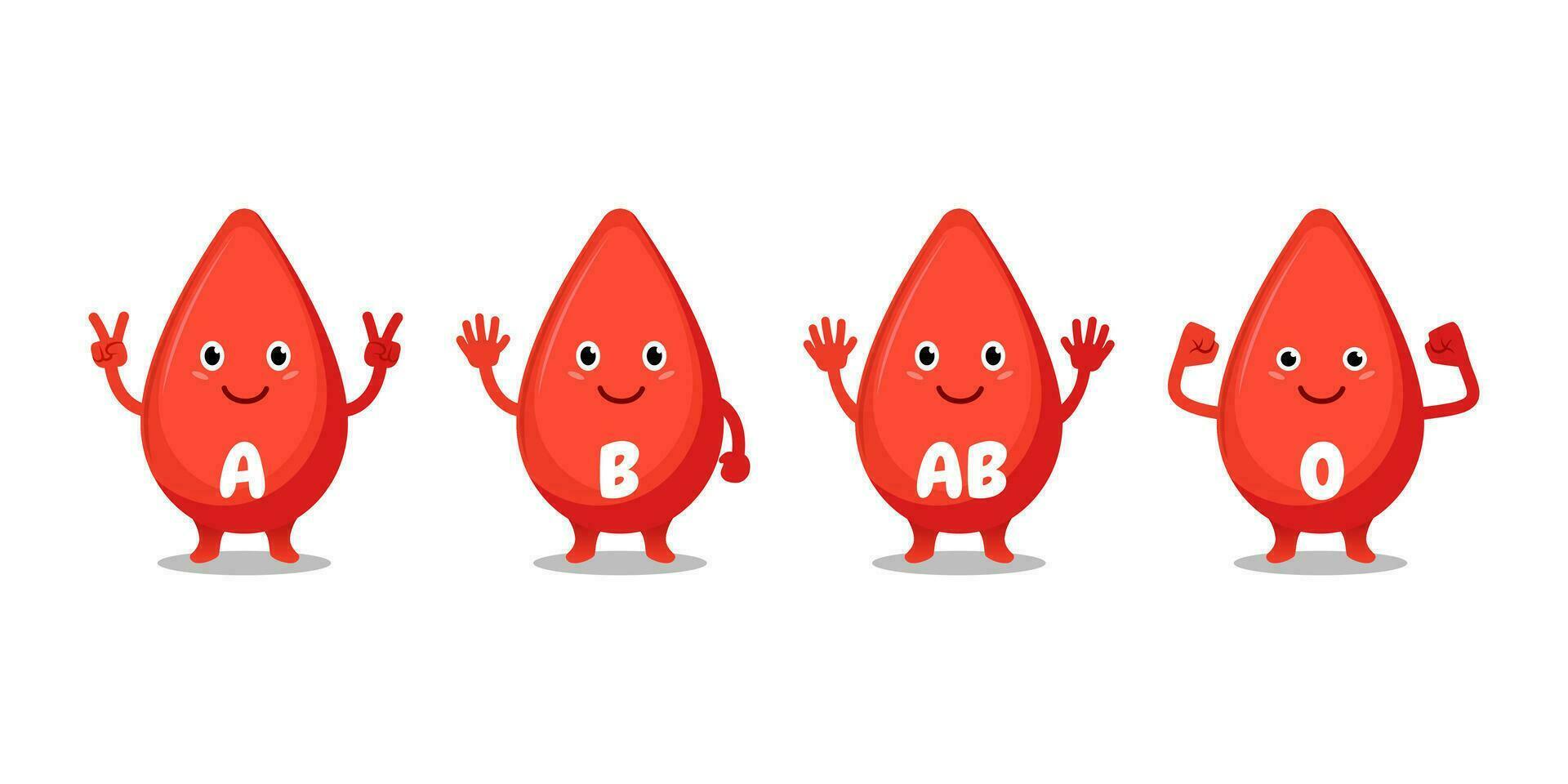 Cartoon blood drop. Blood type A, B, AB, O. Vector illustration.