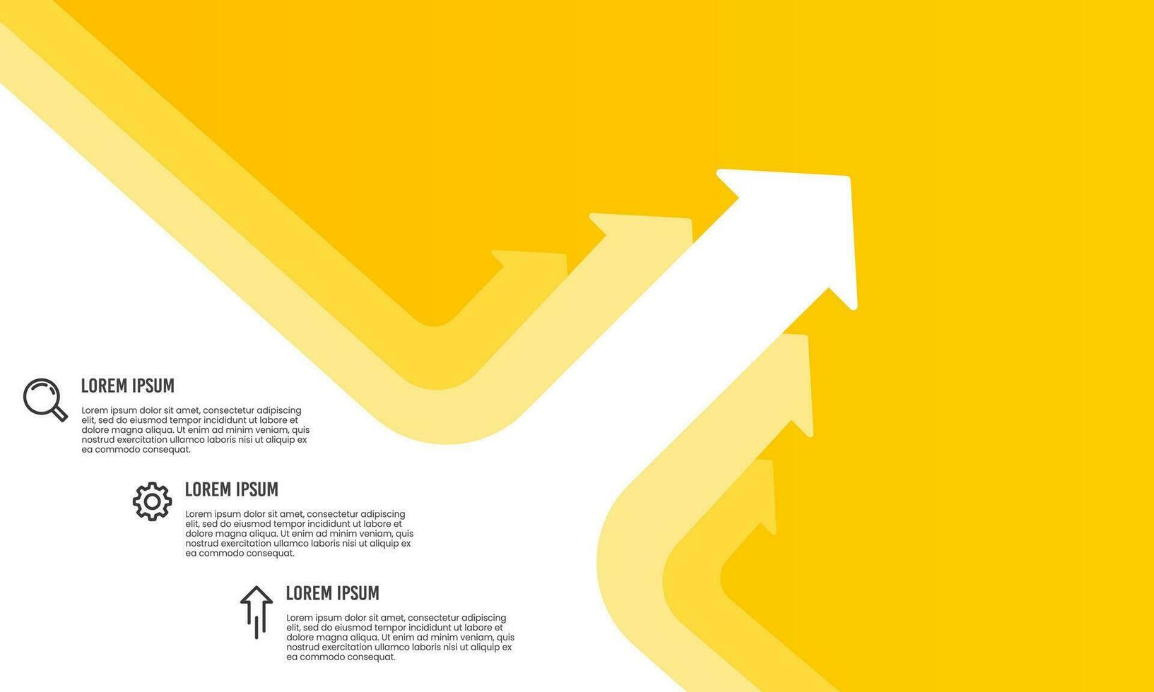Business presentation 3 option with white upward oblique arrows on yellow background template. Vector illustration.