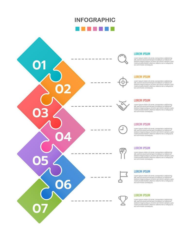 Infographic vertical jigsaw design template with 7 steps for presentations. Vector illustration.