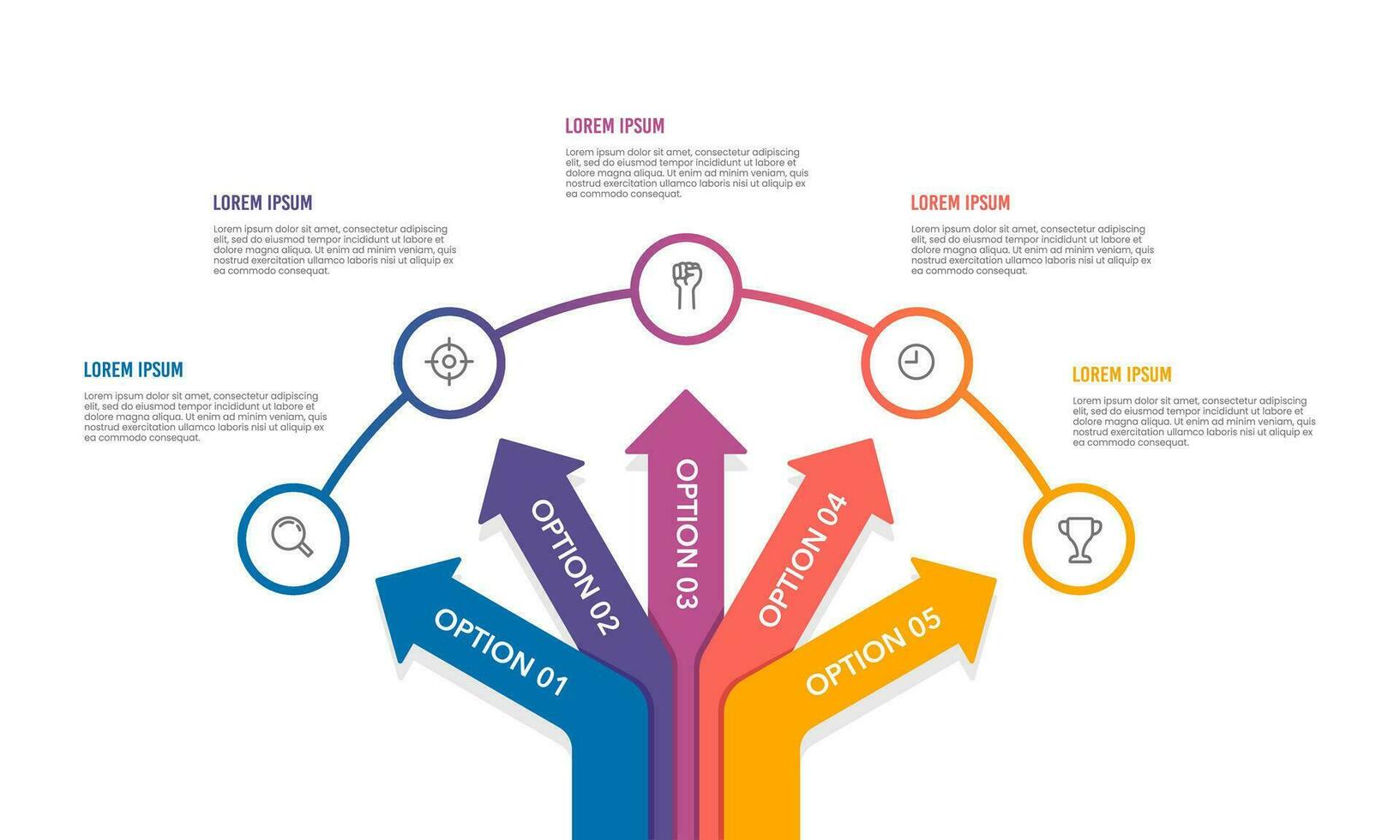 Infographic arrow crossroads 5 options to success. Vector illustration.