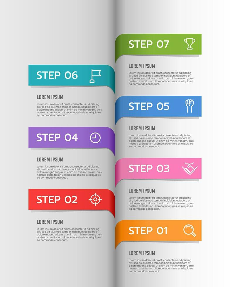 Infographic labels in the book design template. Timeline with 7 steps to success. Business presentation. Vector illustration.