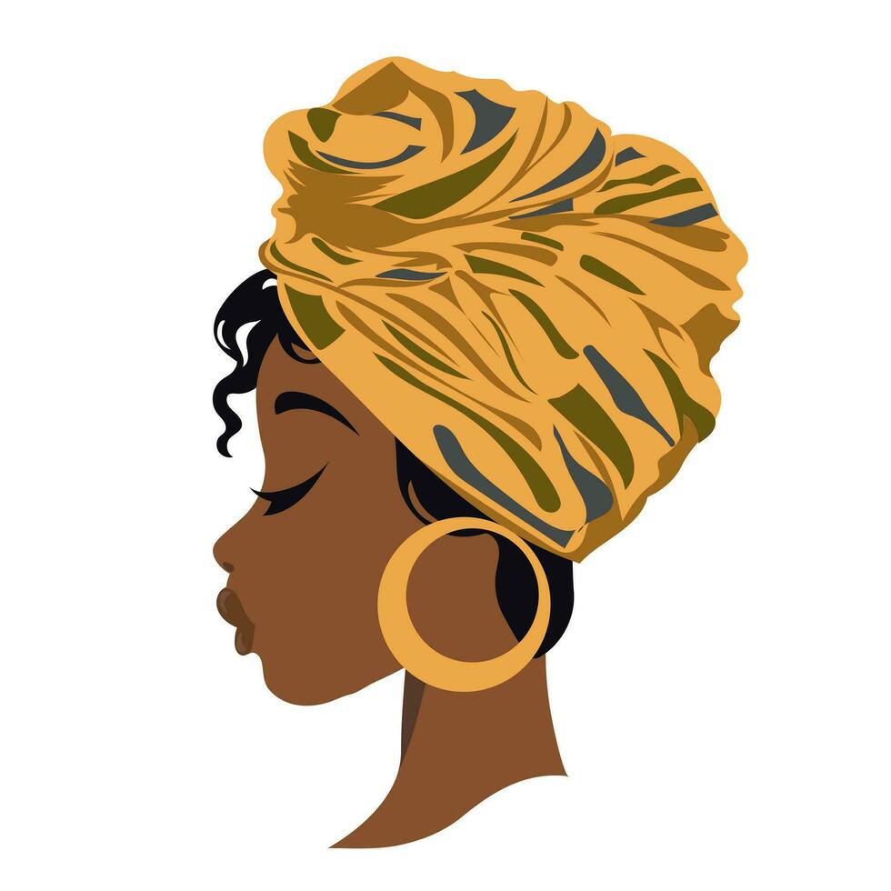 retrato de una hermosa mujer africana con un tocado nacional de perfil. ilustración, vectorial vector