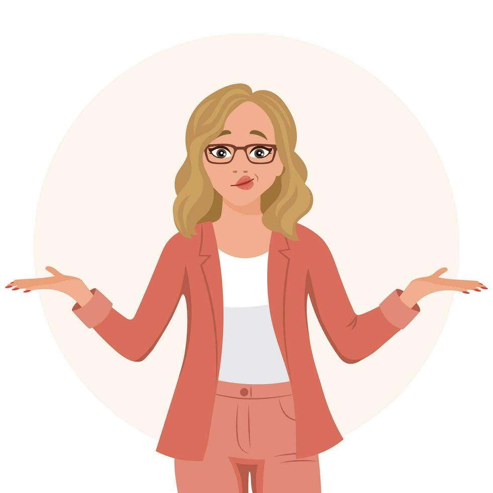 A young woman in glasses with an expression of bewilderment, doubt. Emotions and gestures. Flat style illustration, vector