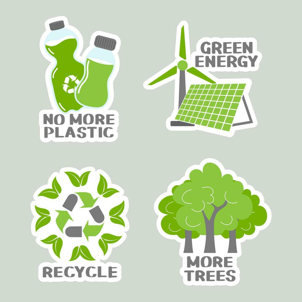 conjunto de ambiental conciencia pegatinas con eslogan. plano diseño eco conceptos recopilación. iconos, vector