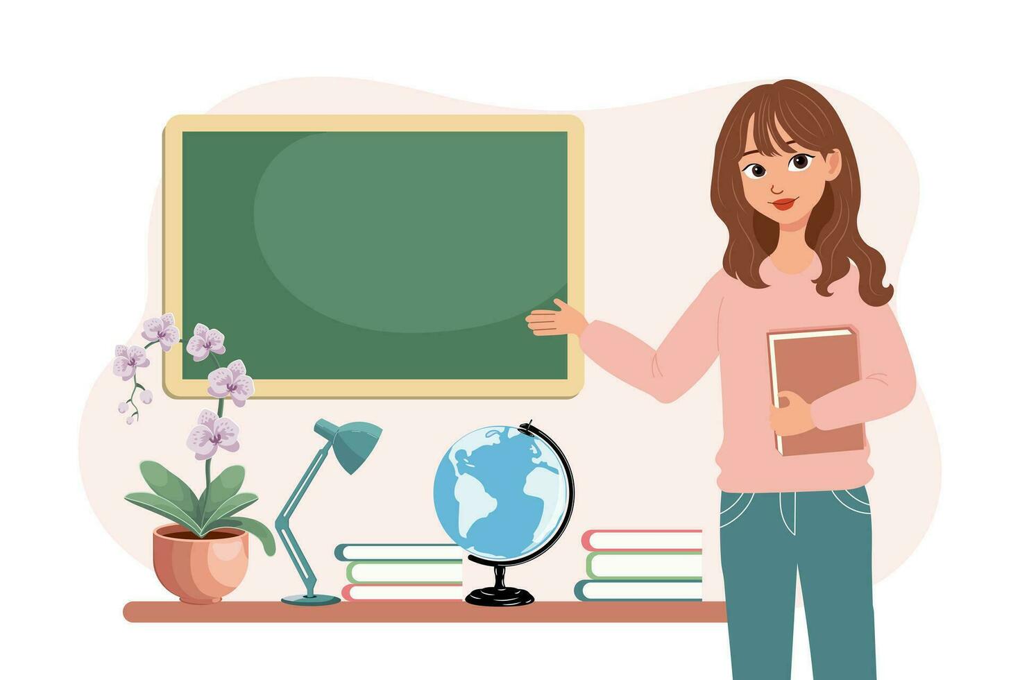 Female teacher in the classroom. The concept of school and learning, teacher's day. Vector illustration in flat cartoon style