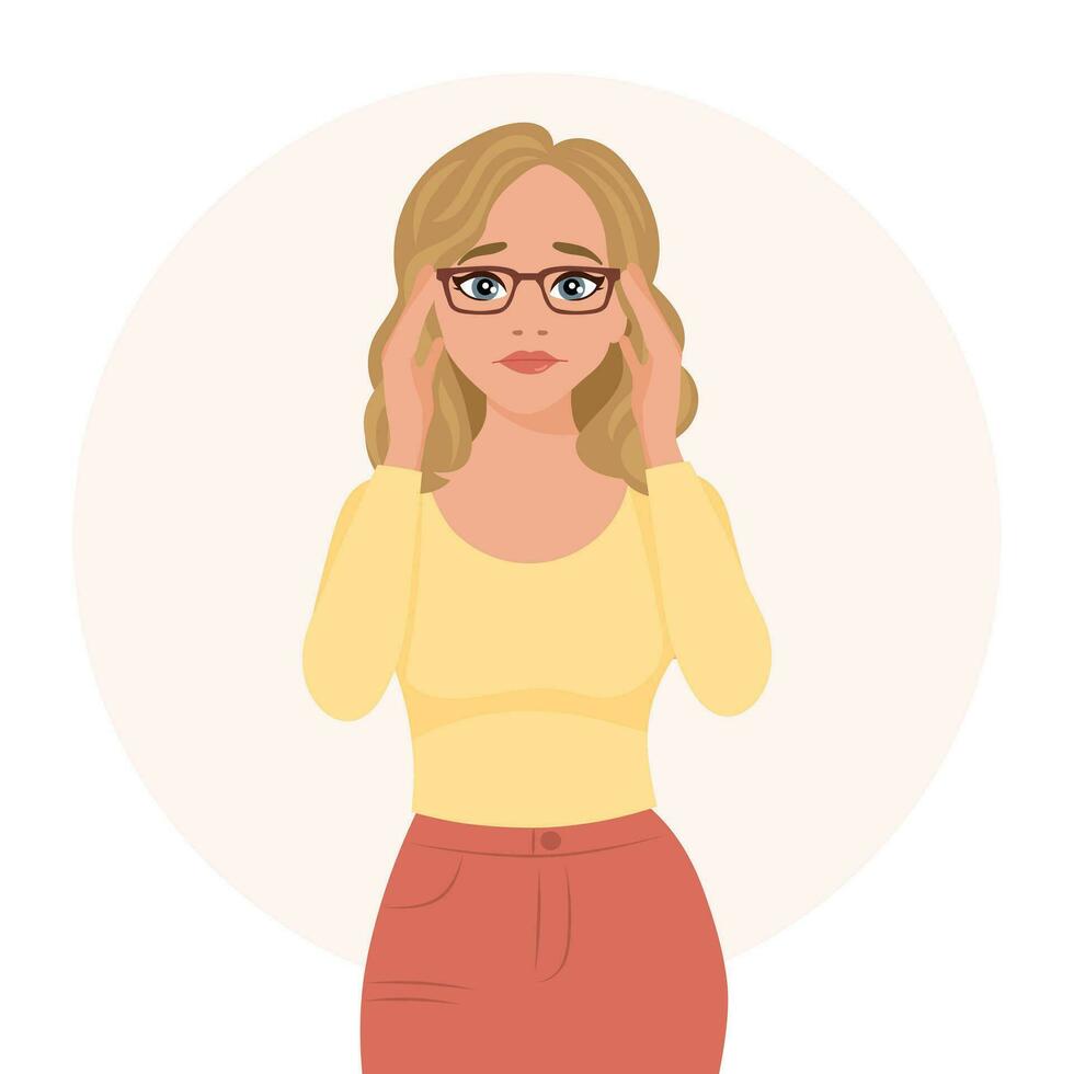Woman in glasses in a stressful situation. Emotions and gestures. Flat style illustration, vector