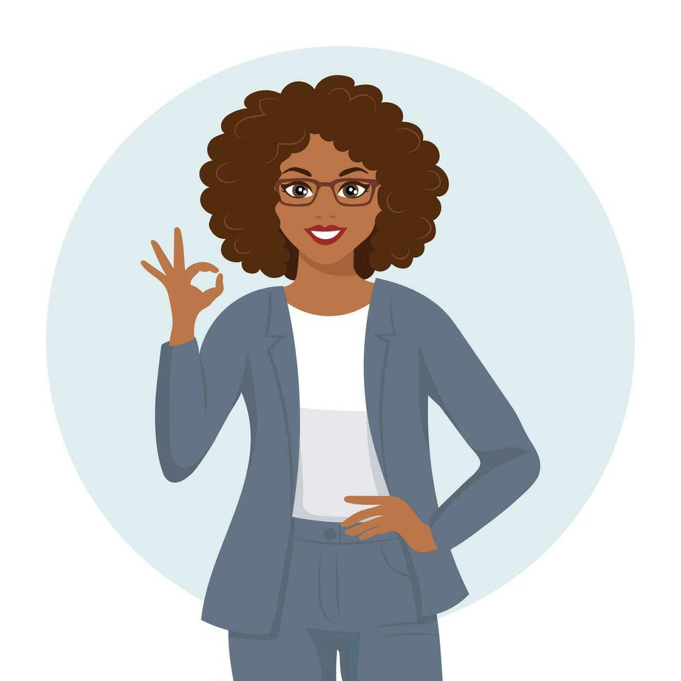 negro africano americano mujer con alegre expresión muestra mano gesto OK. humano emociones plano estilo ilustración, vector