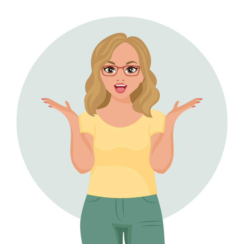 A young woman with glasses raised her hands with a surprised expression. Emotions and gestures. Flat style illustration, vector