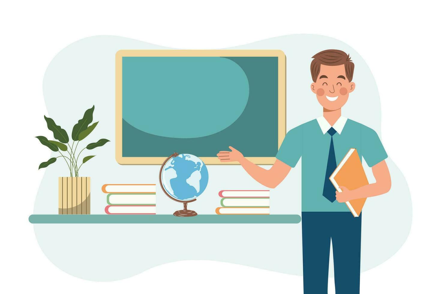 Male teacher in the classroom with school furnishings. The concept of school and learning, teacher's day. Vector illustration in flat cartoon style