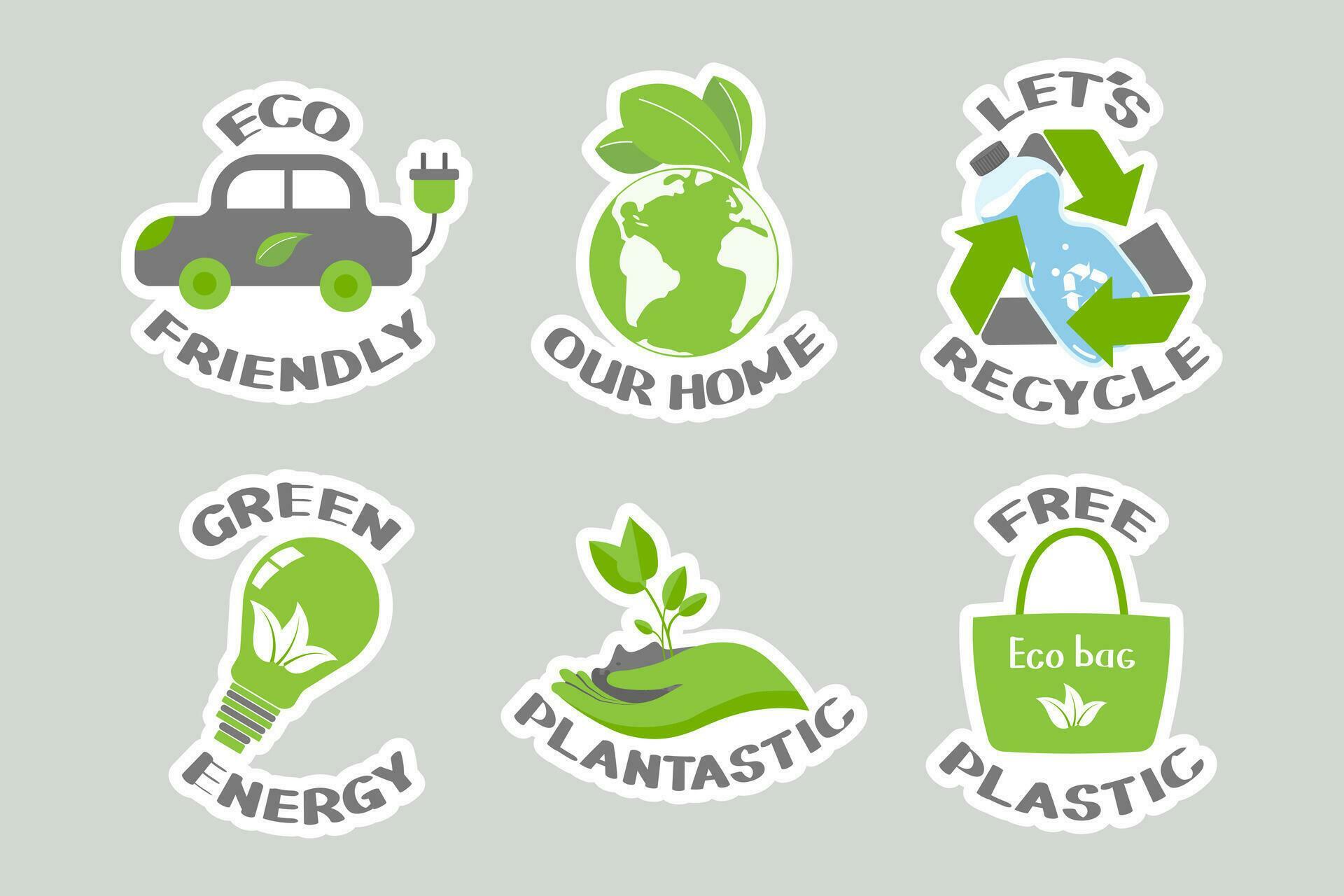 Set Of Environmental Awareness Stickers With Slogan Flat Design Eco set-of-environmental-awareness-stickers-with-slogan-flat-design-eco