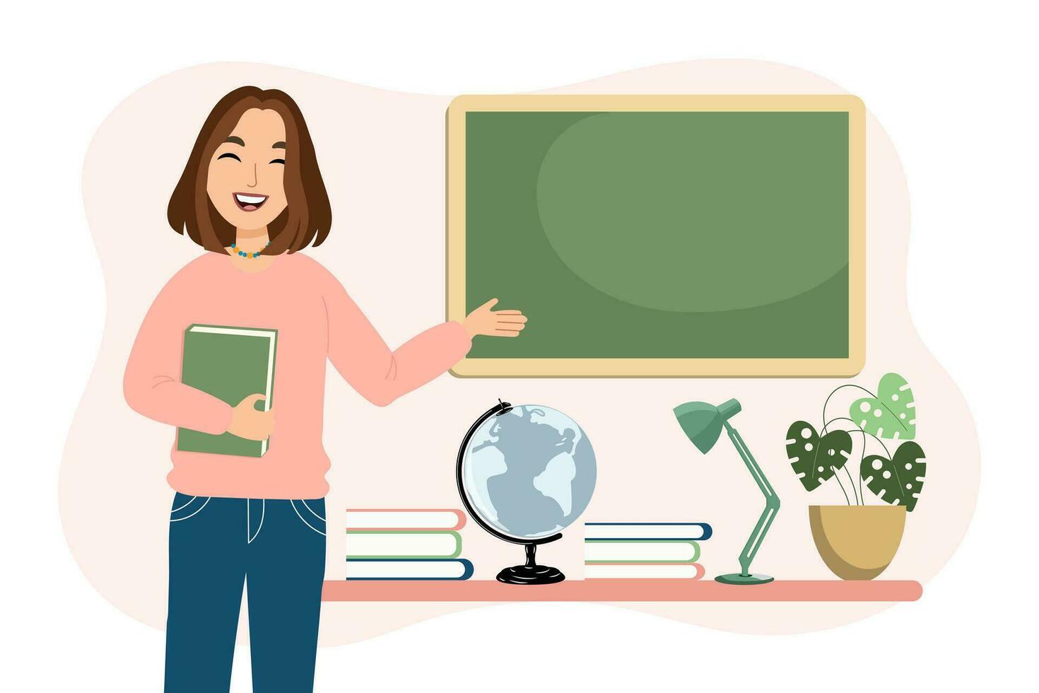 Female teacher in the classroom. The concept of school and learning, teacher's day. Vector illustration in flat cartoon style