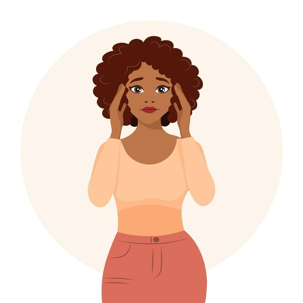 hermosa mujer con un dolor de cabeza, migraña. el concepto de medicina y cuidado de la salud. plano ilustración, vector