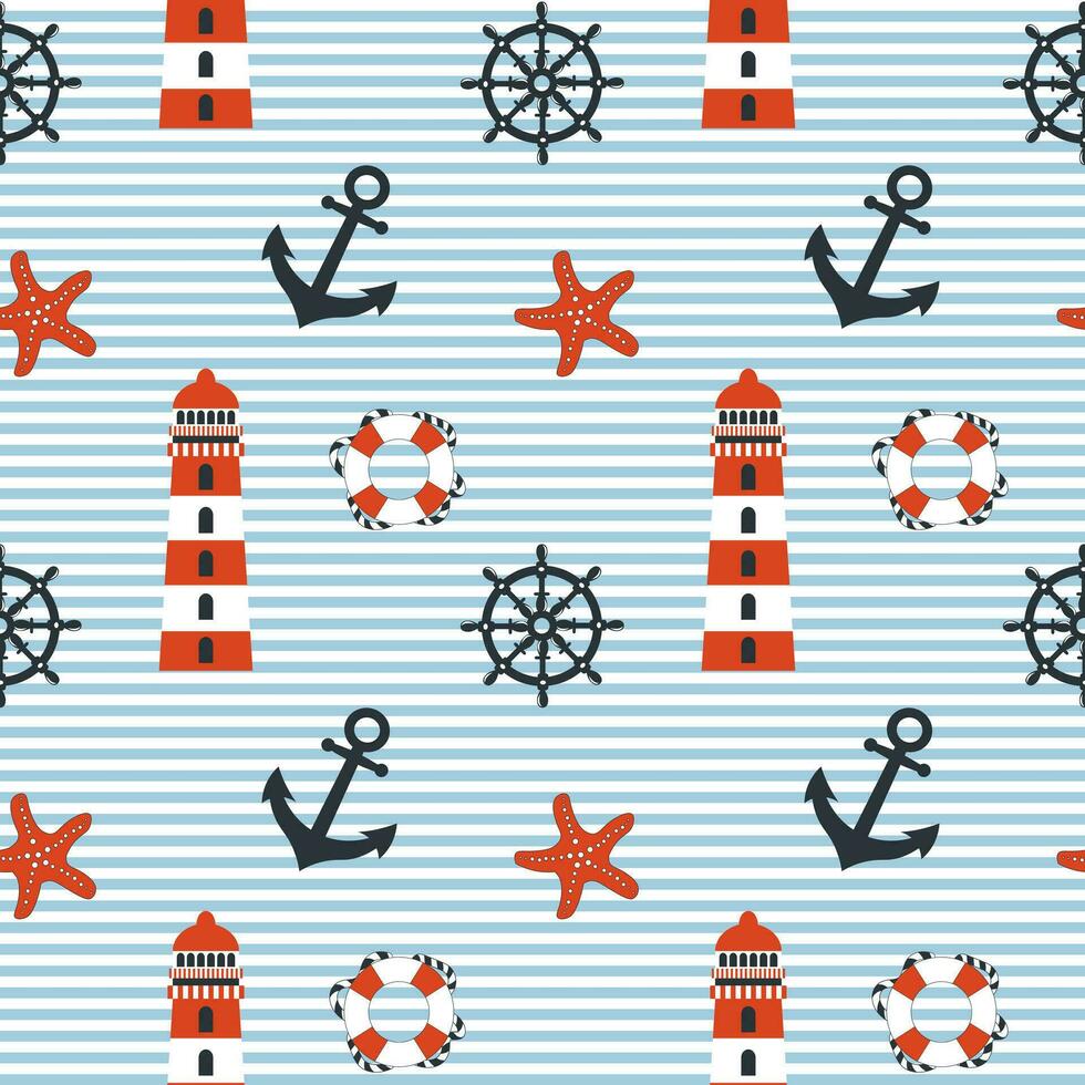 Nautical seamless pattern, anchor, lighthouse, lifebuoy, starfish and rudder on background with waves. Background, print, textile, wallpaper vector