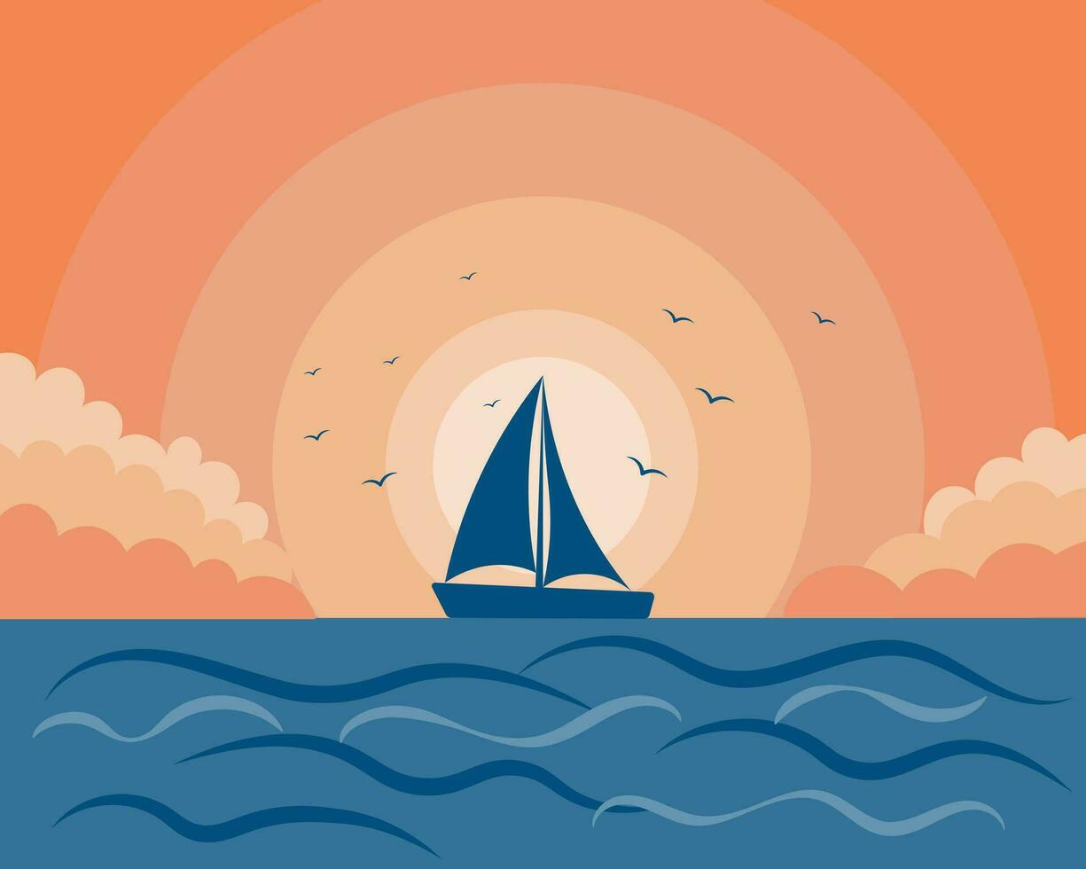 Nautical illustration, a lonely sailboat and seagulls on a sunset background. Orange and purple colors. Wall art, vector