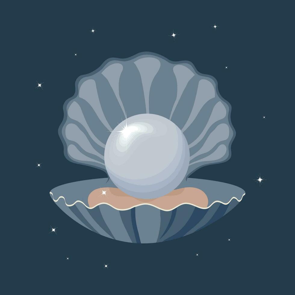 Illustration, drawn white pearl in a sea shell on a blue night background with stars. Colorful design, clip art, poster vector