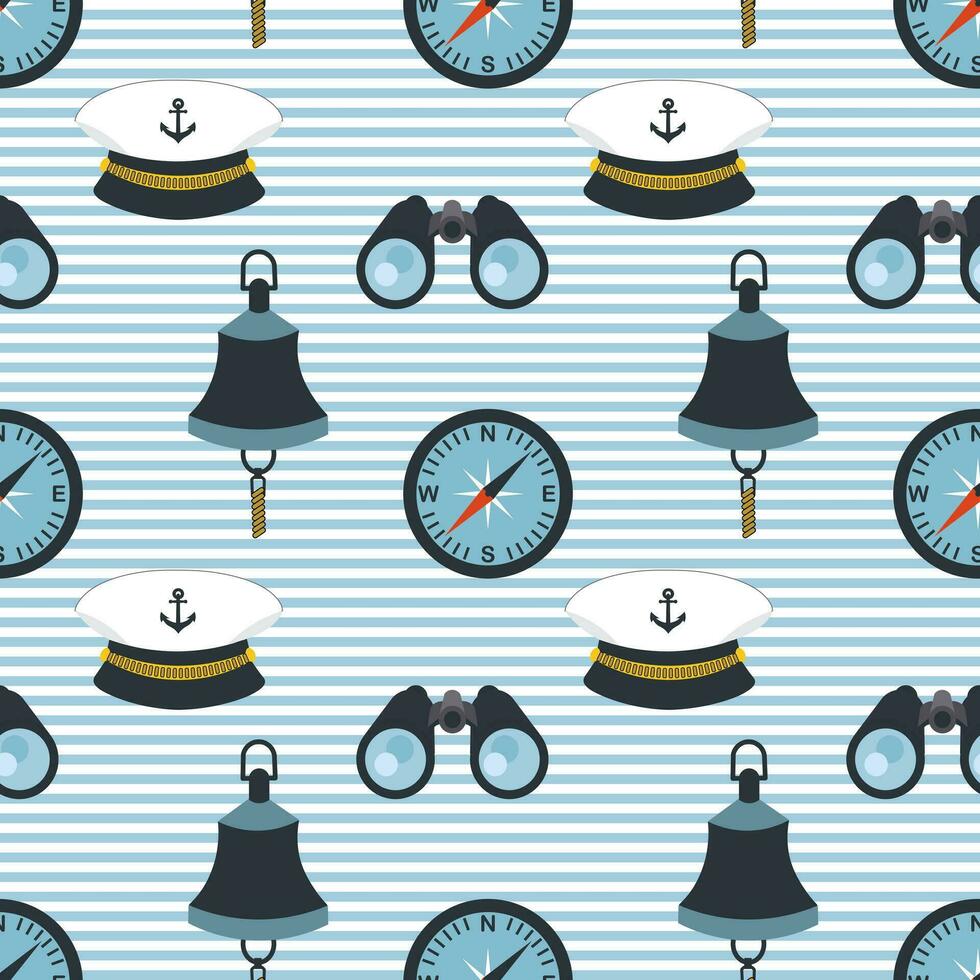 Nautical seamless pattern, compass, binoculars, captain's cap and ship's bell on a background with waves. Background, print, textile, wallpaper vector