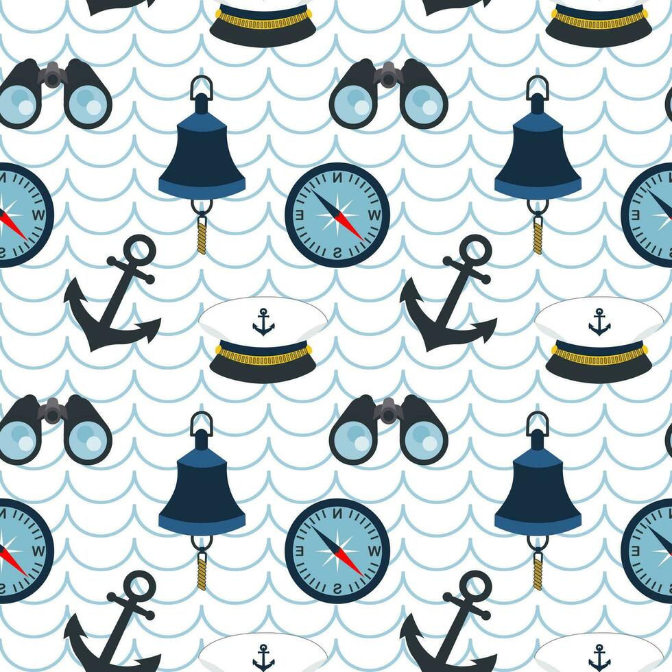 Nautical seamless pattern, compass, binoculars, captain's cap and ship's bell on a background with waves. Background, print, textile, wallpaper vector