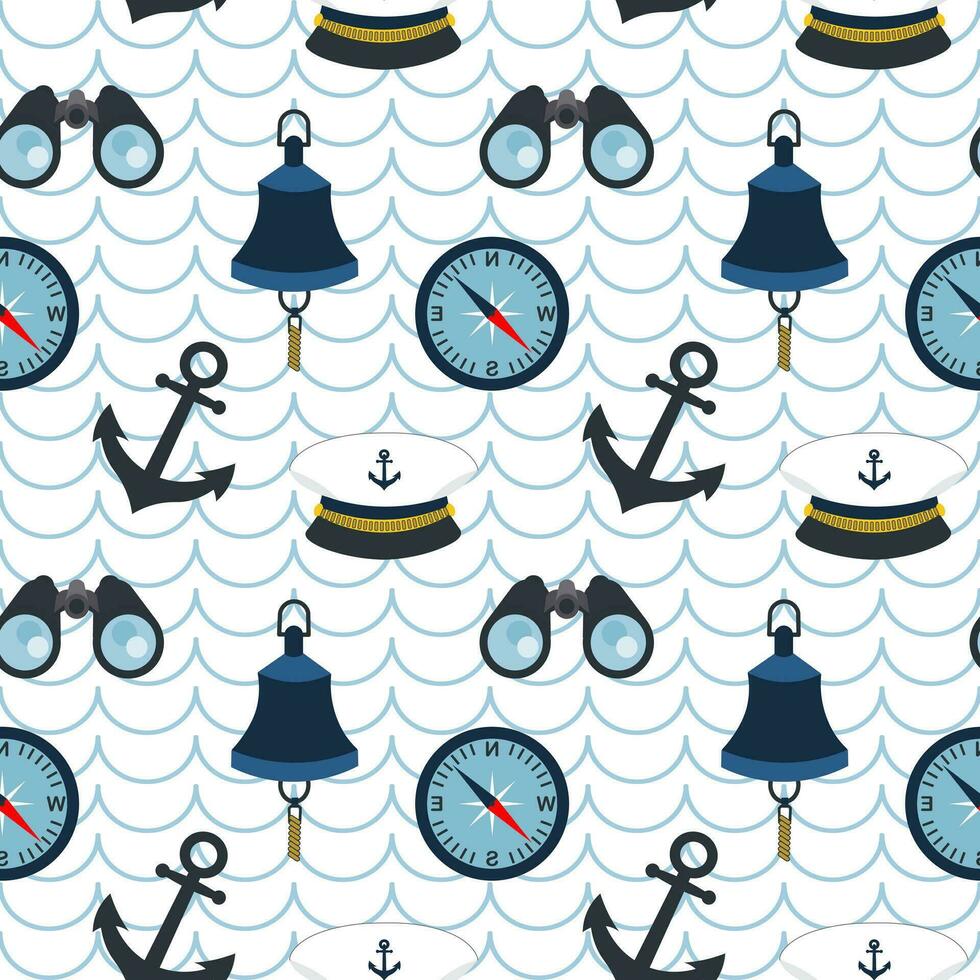 Nautical seamless pattern, compass, binoculars, captain's cap and ship's bell on a background with waves. Background, print, textile, wallpaper vector