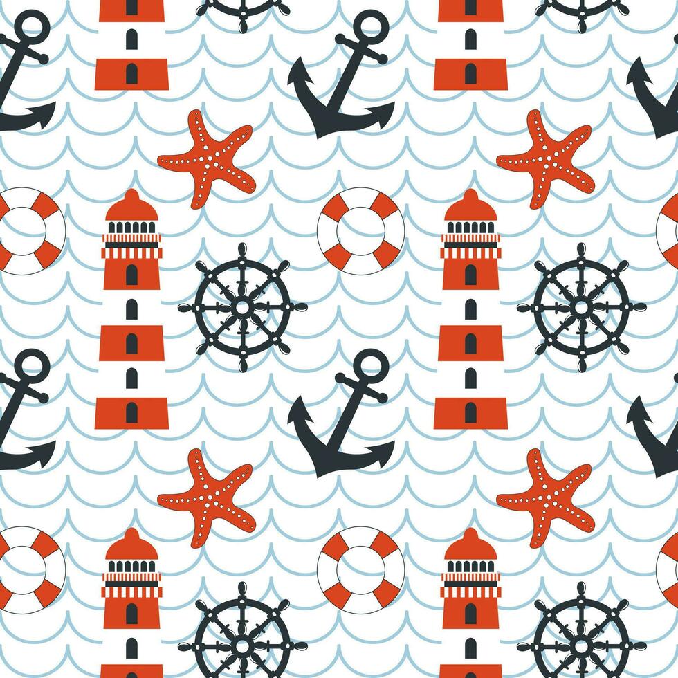 Nautical seamless pattern, anchor, lighthouse, lifebuoy, starfish and rudder on background with waves. Background, print, textile, wallpaper vector