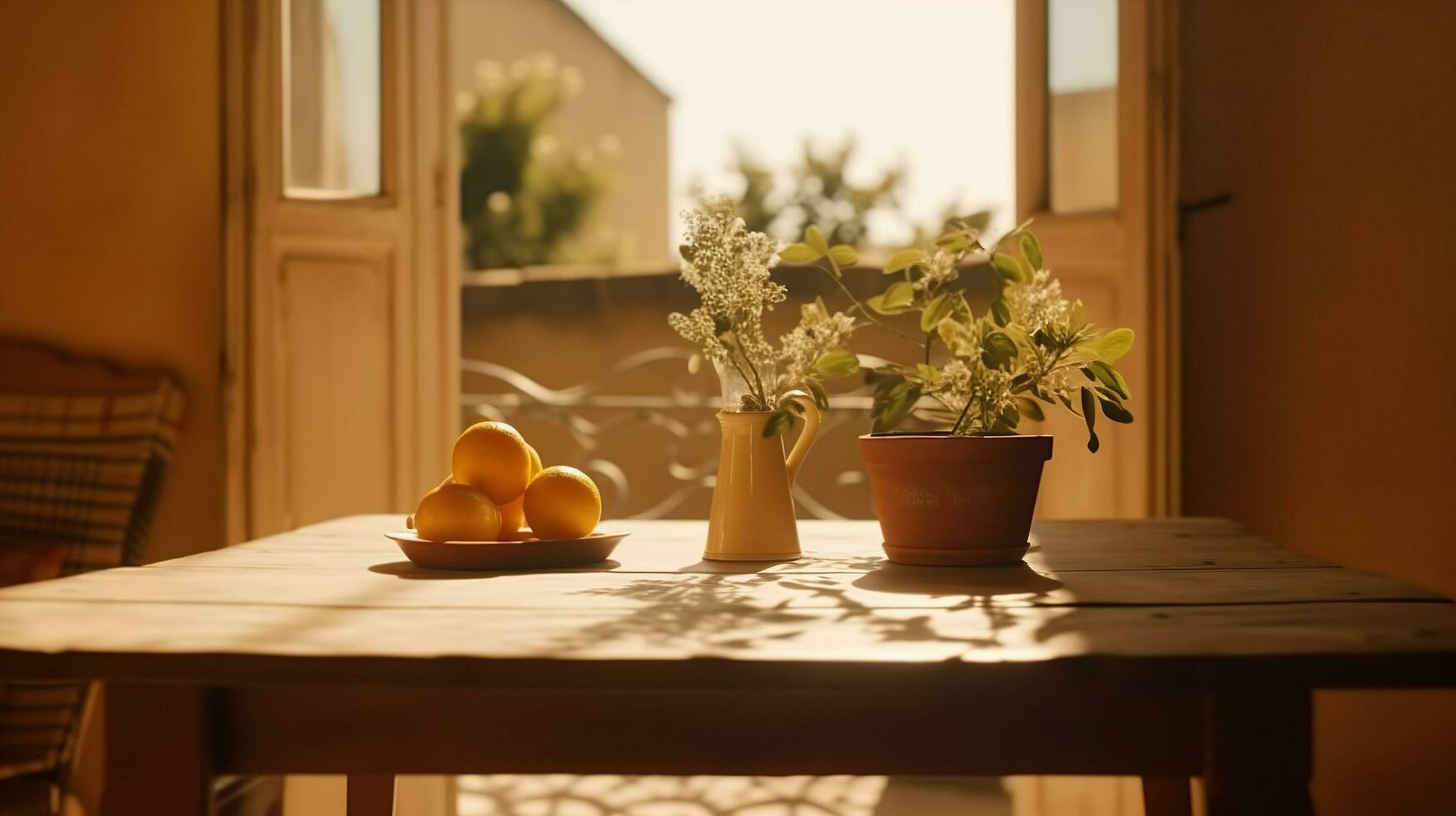 Modern interior lifestyle Mediterranean in summer scene, plant with fruit on table with light and shadow in dining room photo