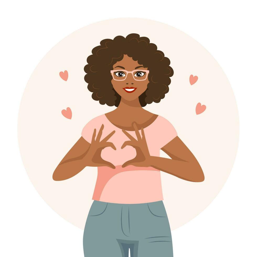 A young woman in love with a joyful expression on her face shows a heart with her hands. Flat style illustration, vector