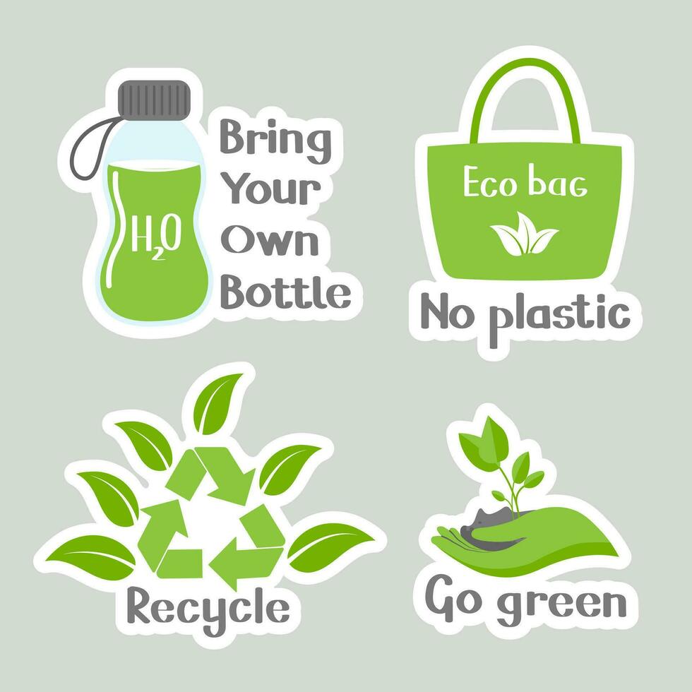 Set of environmental awareness stickers with slogan. Flat design eco concepts collection. Icons, vector
