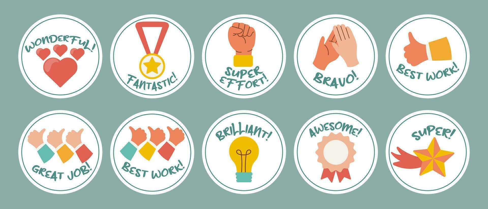 Collection of motivational stickers for great work. Stickers, badges, badges. Flat style, vector