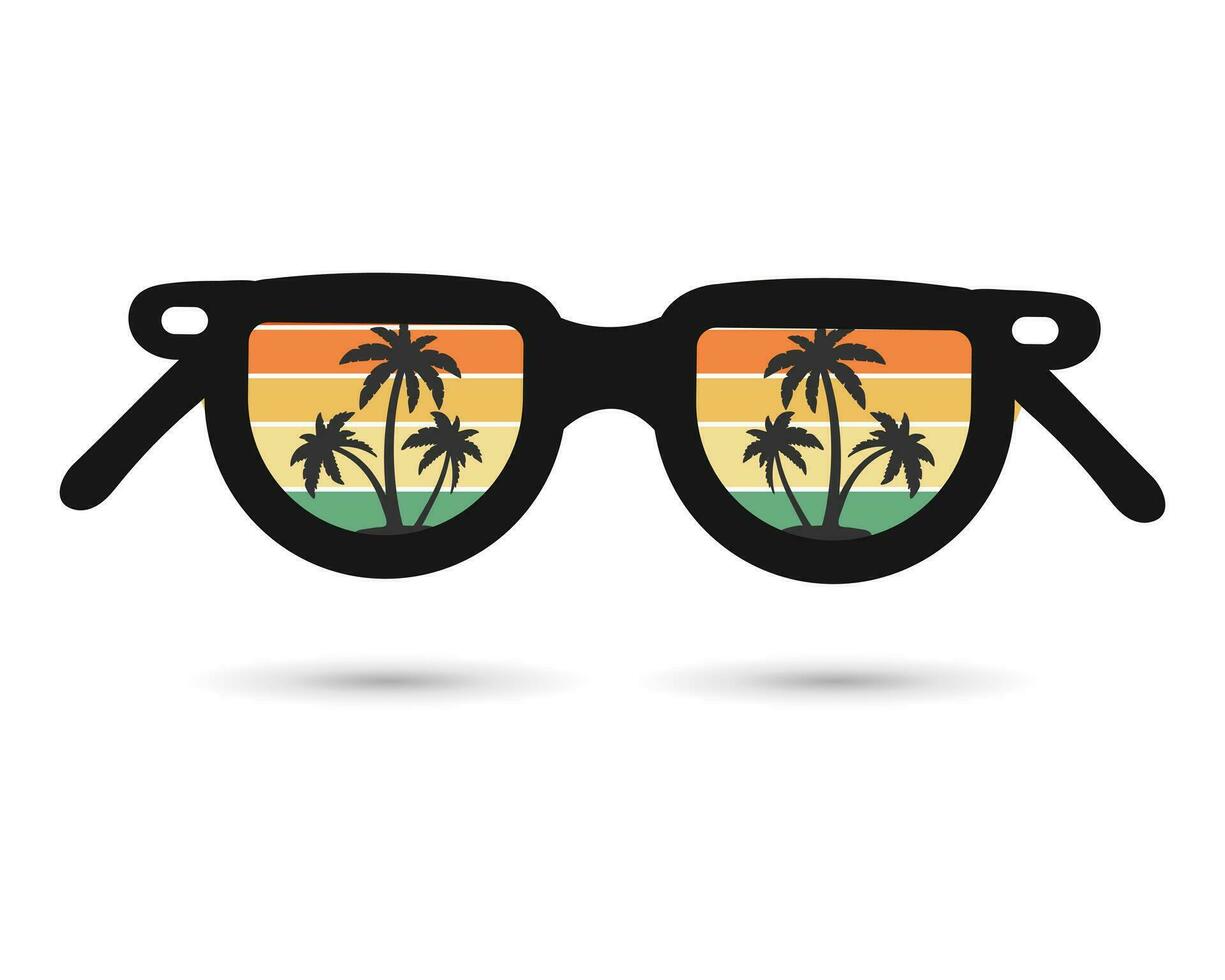 Sunglasses with reflection Seascape with palm trees. Summer illustration, icon, vector