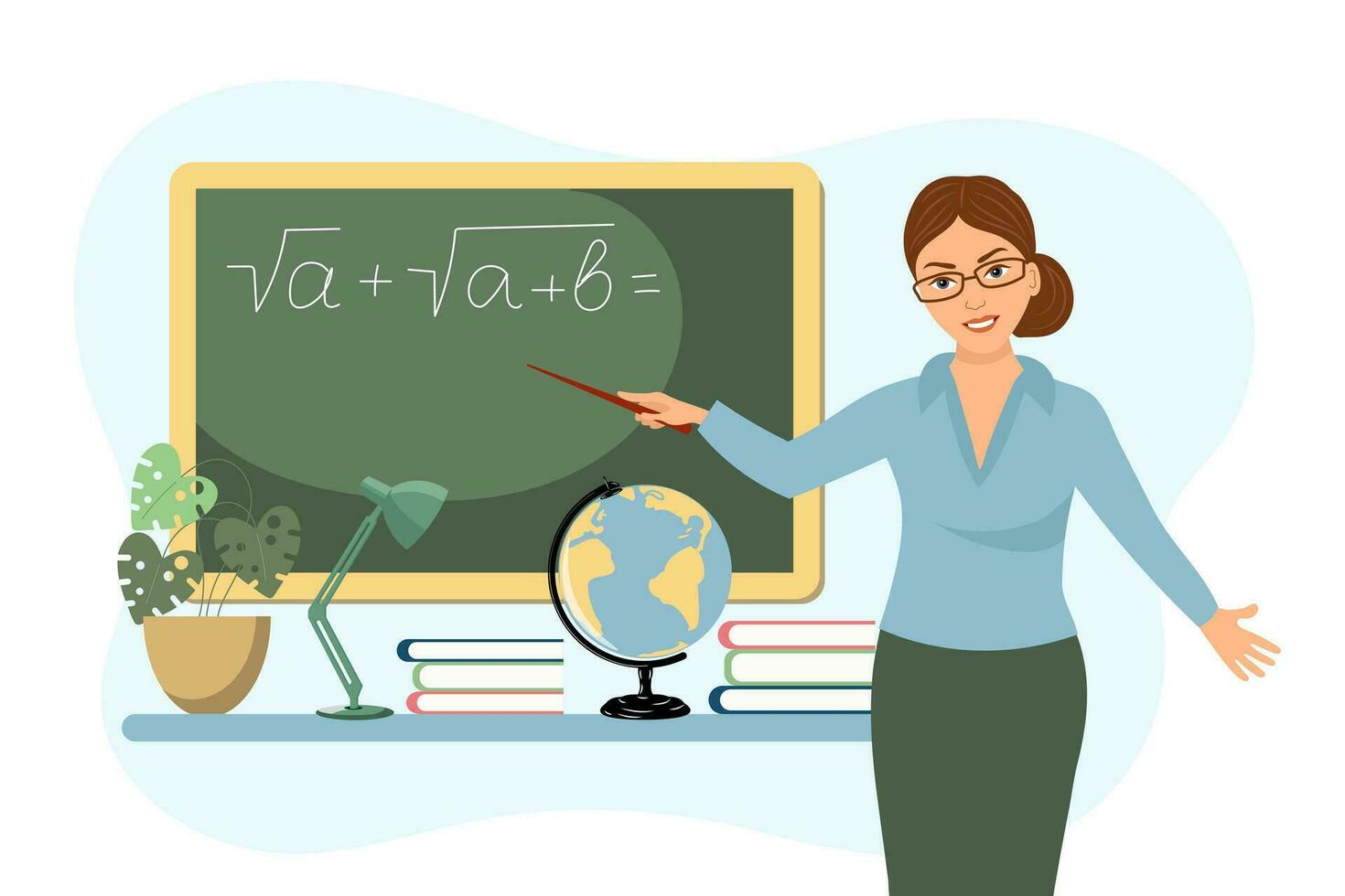 Female teacher in the classroom. The concept of school and learning, teacher's day. Vector illustration in flat cartoon style