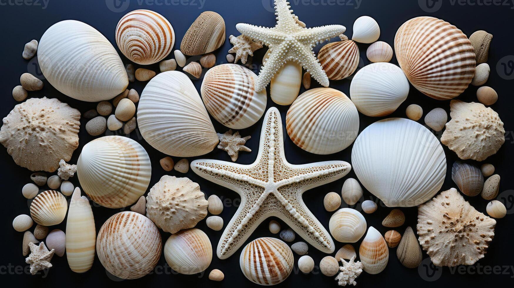 beach finds small seashells, fossil coral and sand dollars, puka shells, a sea urchin and a white starfish. photo