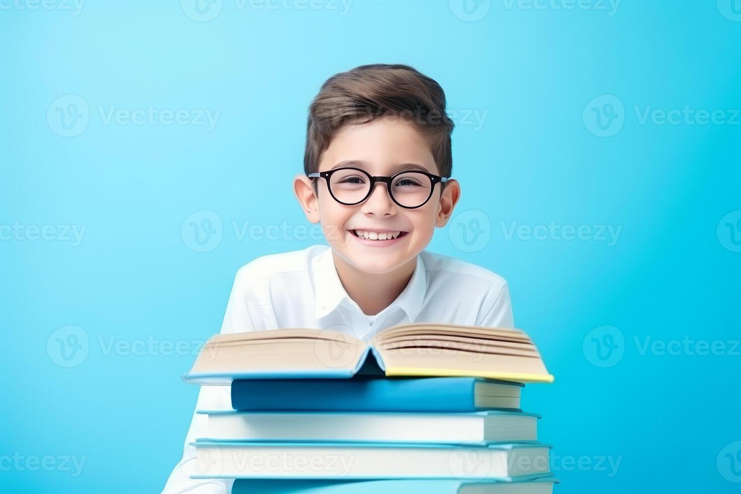 portrait of a happy child little boy with glasses sitting on a stack of books and reading a books, light blue background. photo