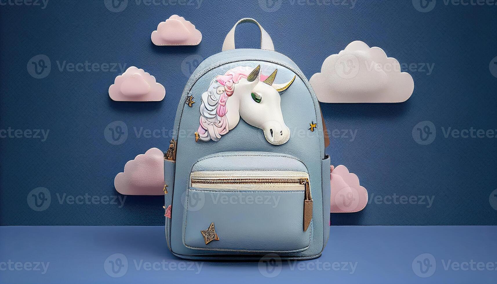 Cool unicorn kids girls leather backpack with decorative clouds and stars. . photo