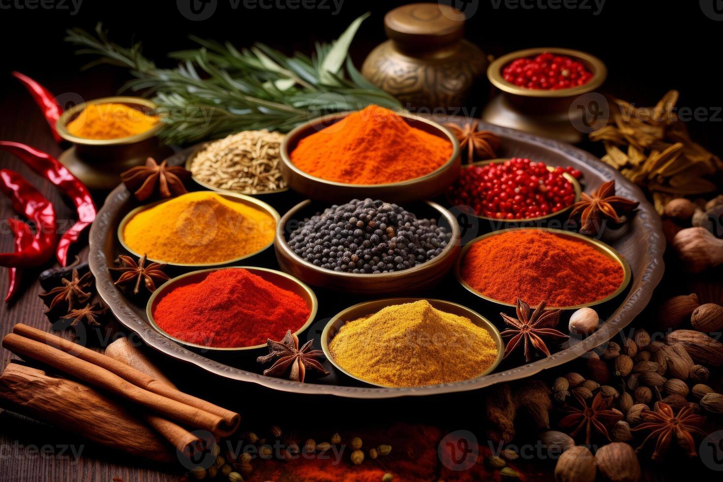 Composition with assortment of spices and herbs. AI Generated photo