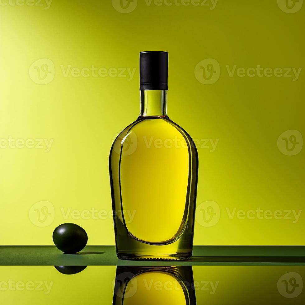 modern minimalist niche olive oil bottle design, olives. photo