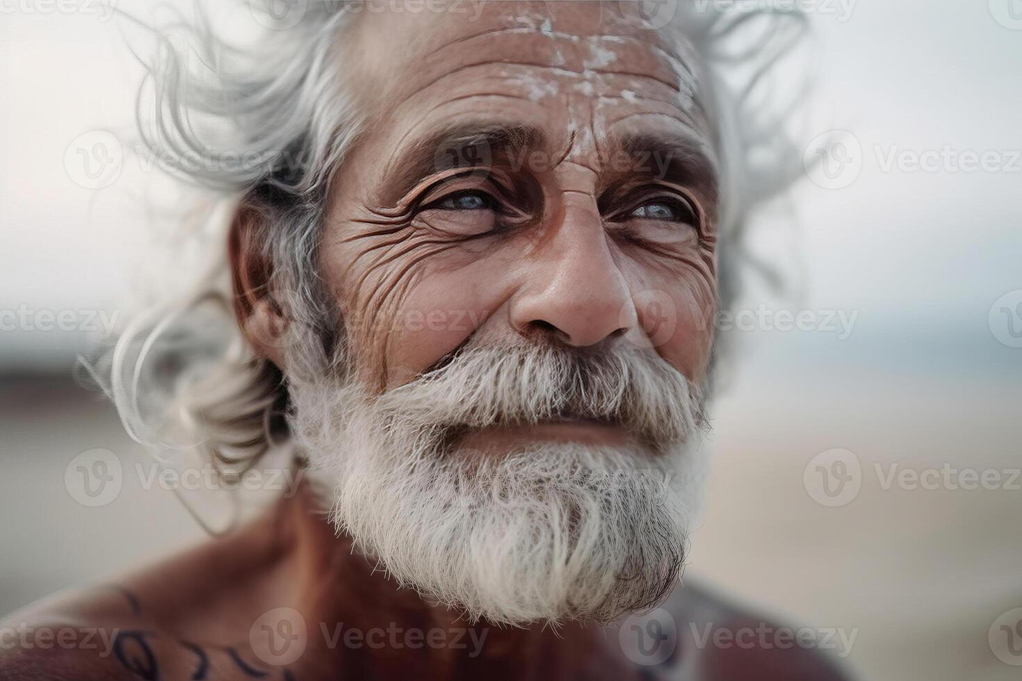 close up portrait old mature man doing yoga on the beach. AI Generated photo