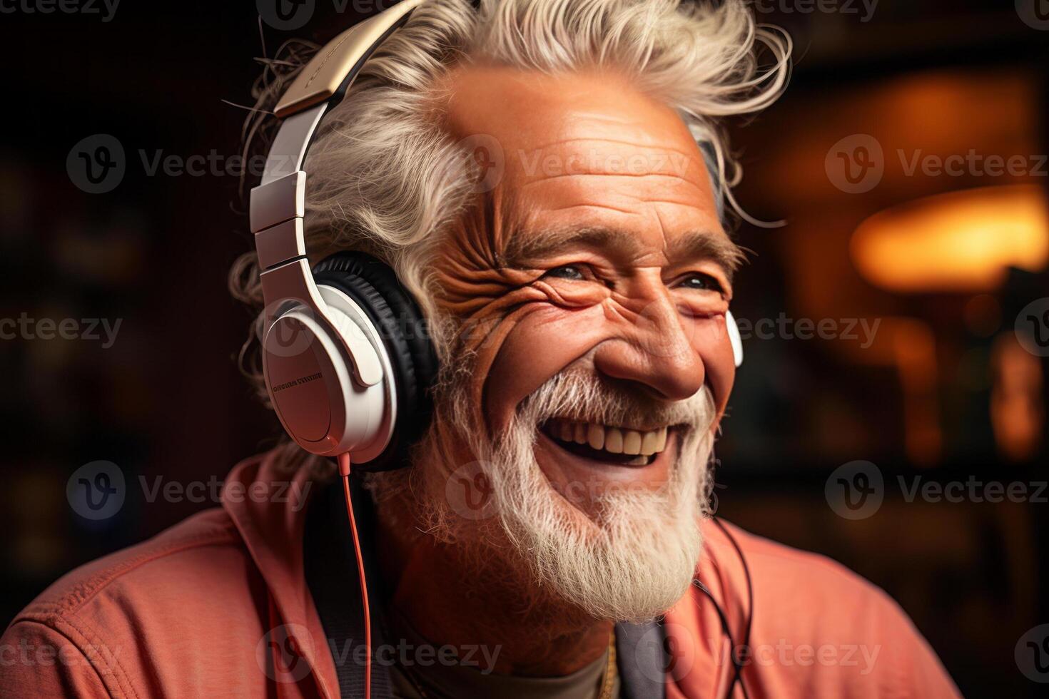 retrato un contento mayor hombre en verano camisa y en inalámbrico auriculares baile. ai generado foto