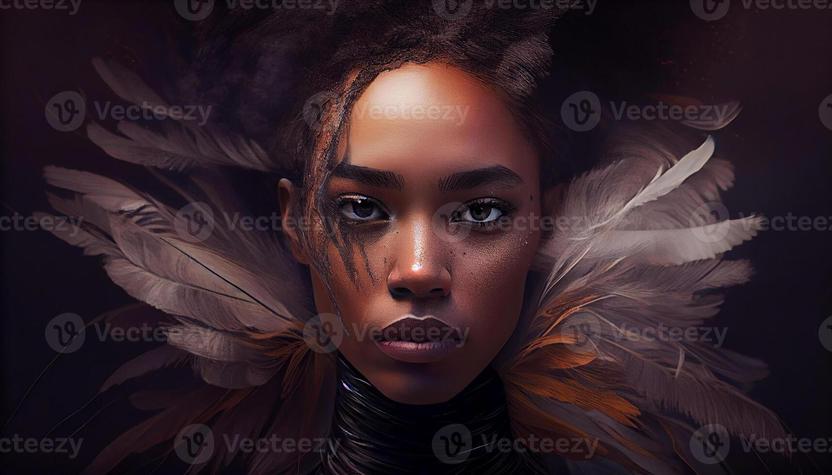 female face that stands out among the black goose feathers. . photo