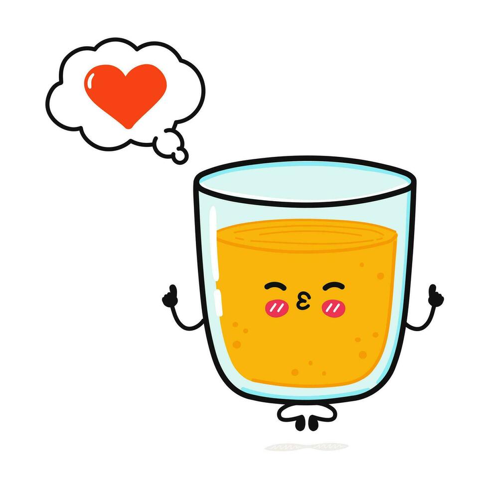 Cute funny glass of juice doing yoga with speech bubble. Vector hand drawn cartoon kawaii character illustration icon. Isolated on white background. Glass of juice in love character concept