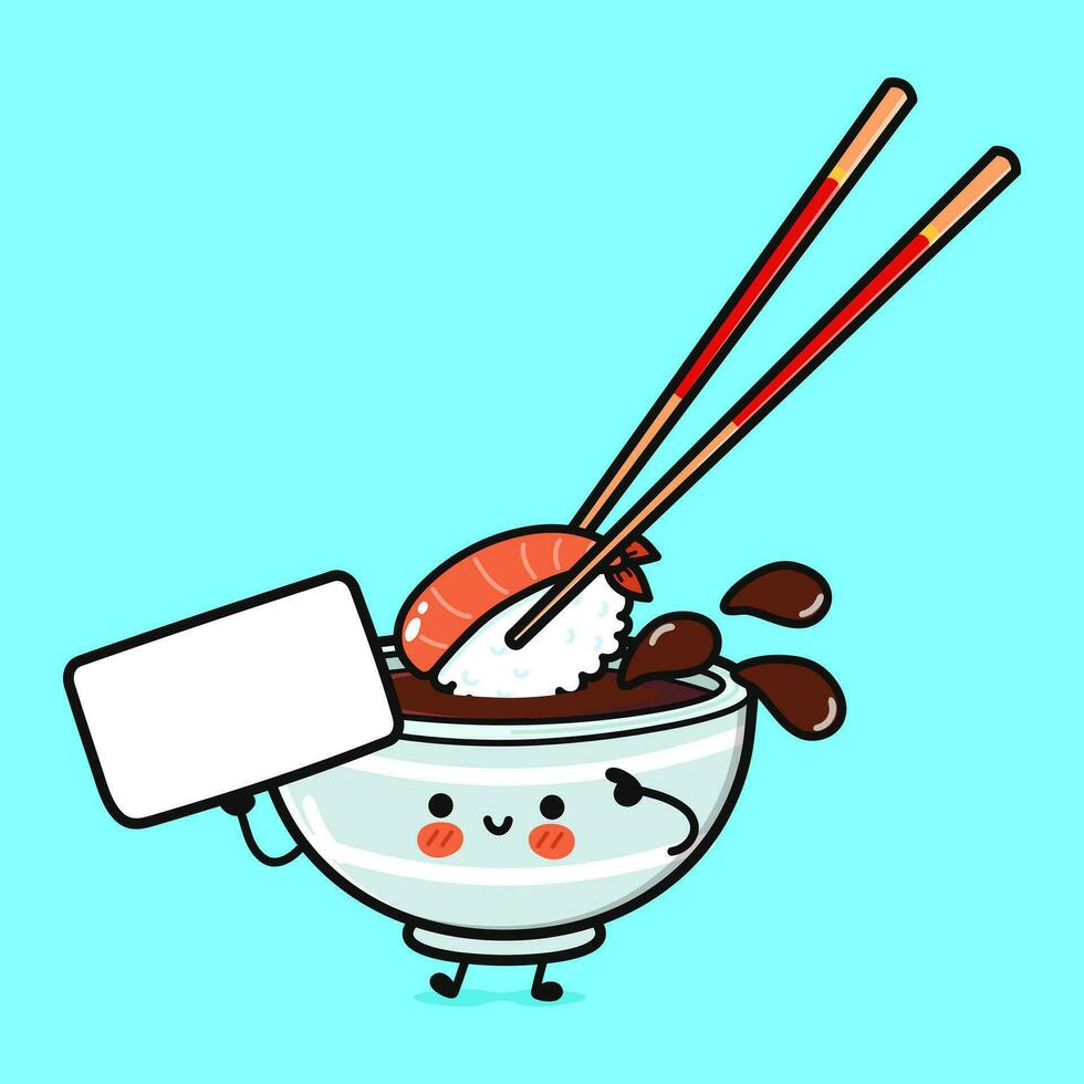 Cute funny Bowl of soy sauce with poster. Vector hand drawn cartoon kawaii character illustration icon. Isolated on blue background. Bowl of soy sauce think concept